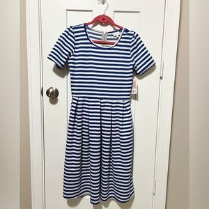 Lularoe Amelia dress, blue and white striped, size large